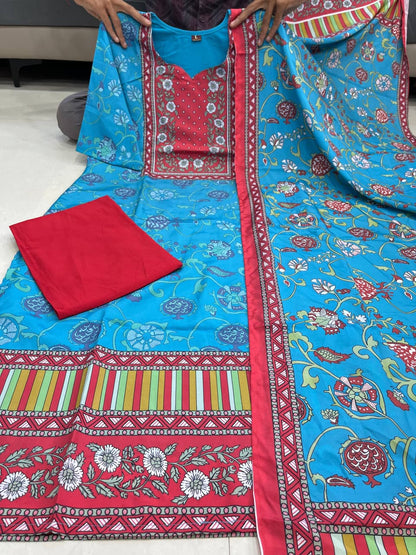 Blue KitKat Silk 3-Piece Suit Set with Printed Dupatta