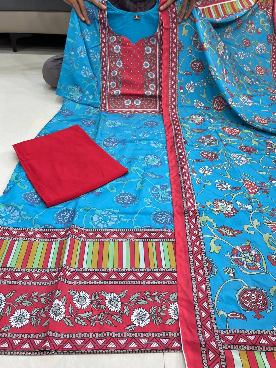 Blue KitKat Silk 3-Piece Suit Set with Printed Dupatta