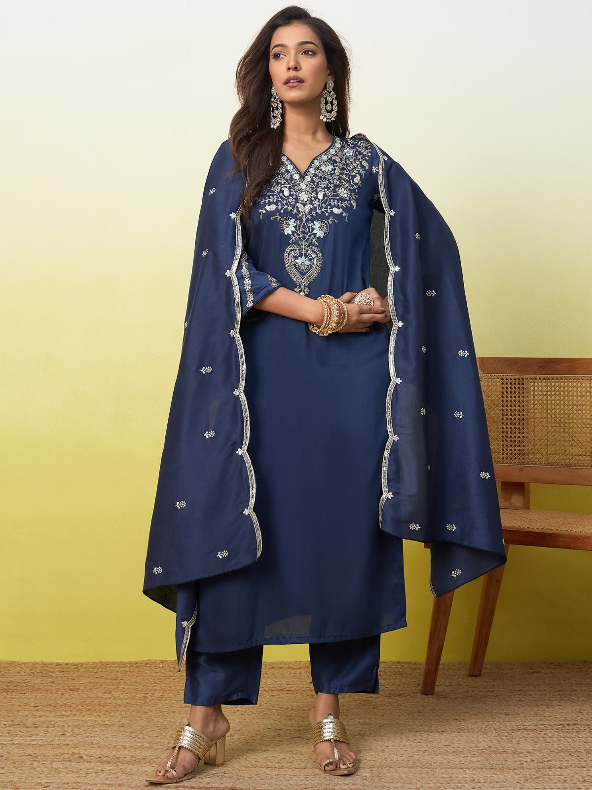 Blue Mal Chanderi Straight Kurta Pant Dupatta 3-Piece Set