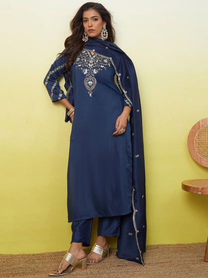 Blue Mal Chanderi Straight Kurta Pant Dupatta 3-Piece Set