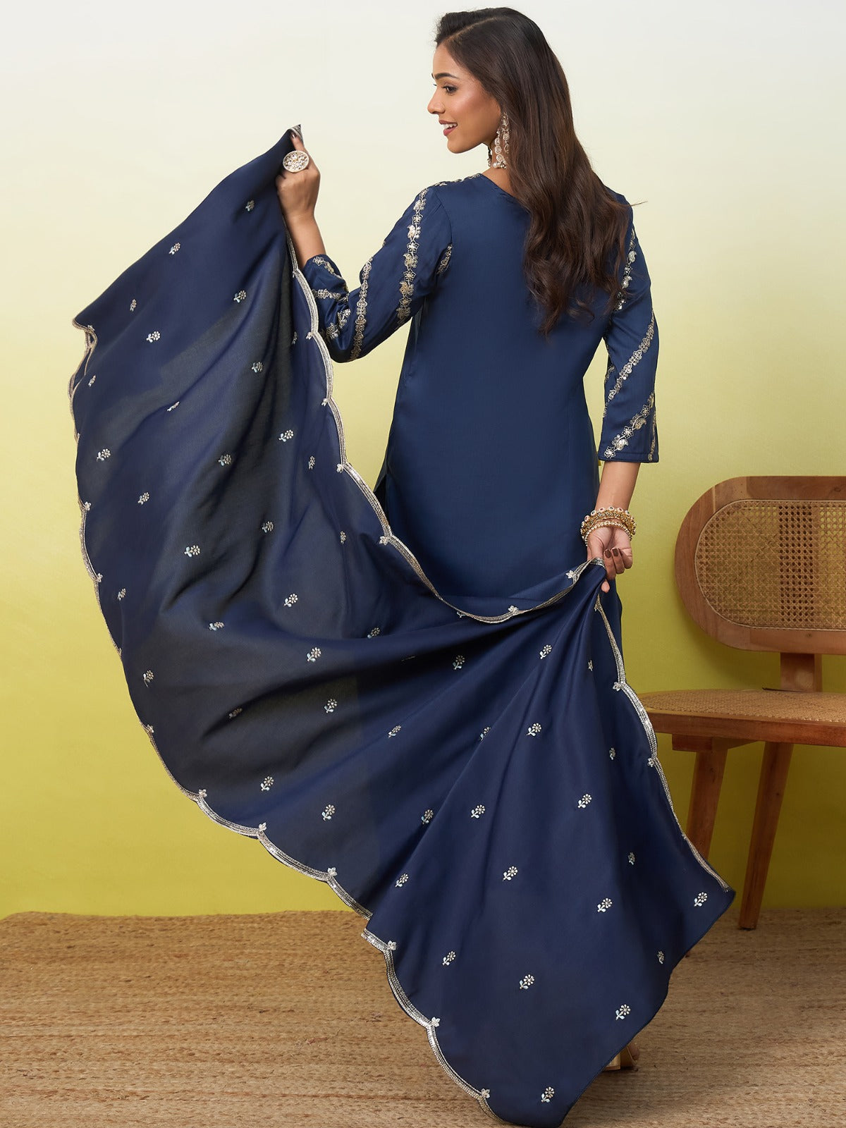 Blue Mal Chanderi Straight Kurta Pant Dupatta 3-Piece Set