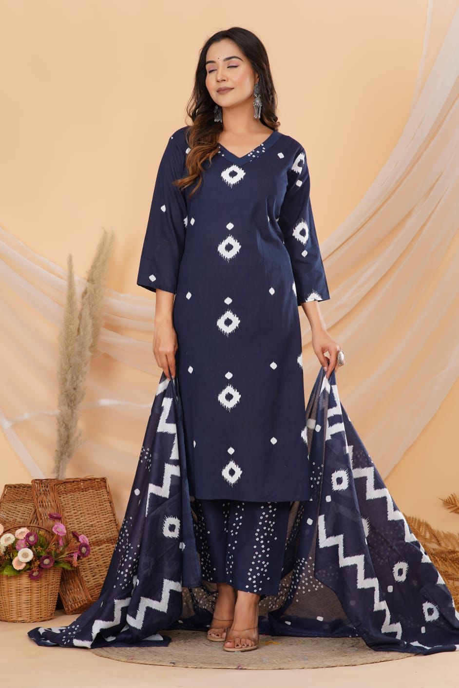 Blue Printed Cotton Suit Set with Pant & Dupatta