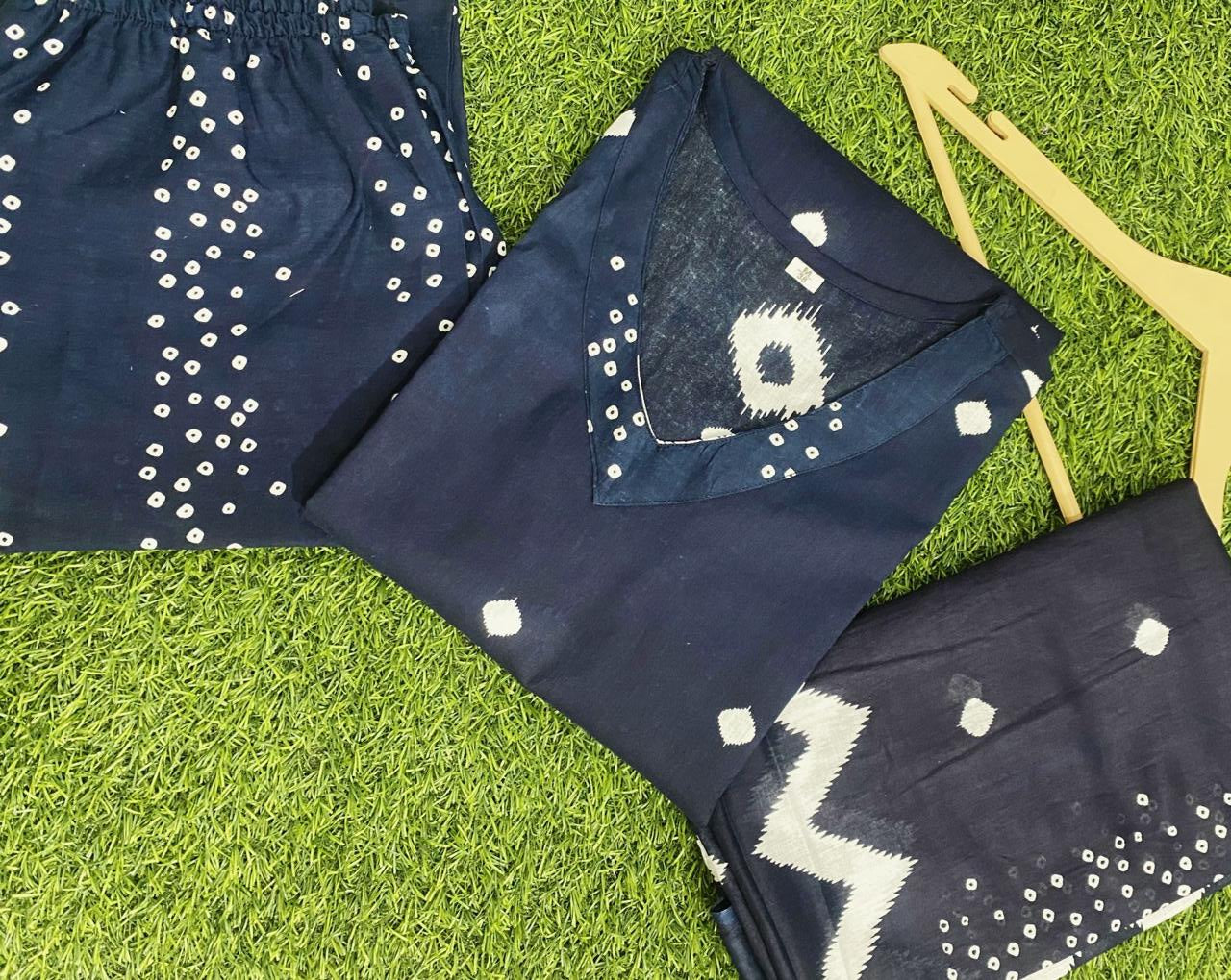 Blue Printed Cotton Suit Set with Pant & Dupatta