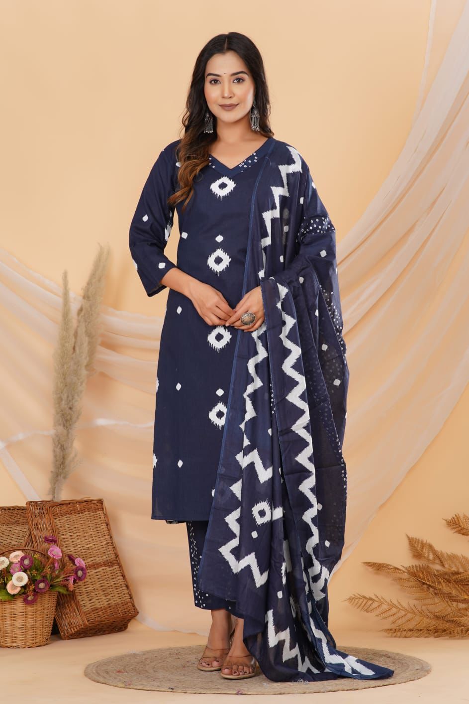 Blue Printed Cotton Suit Set with Pant & Dupatta