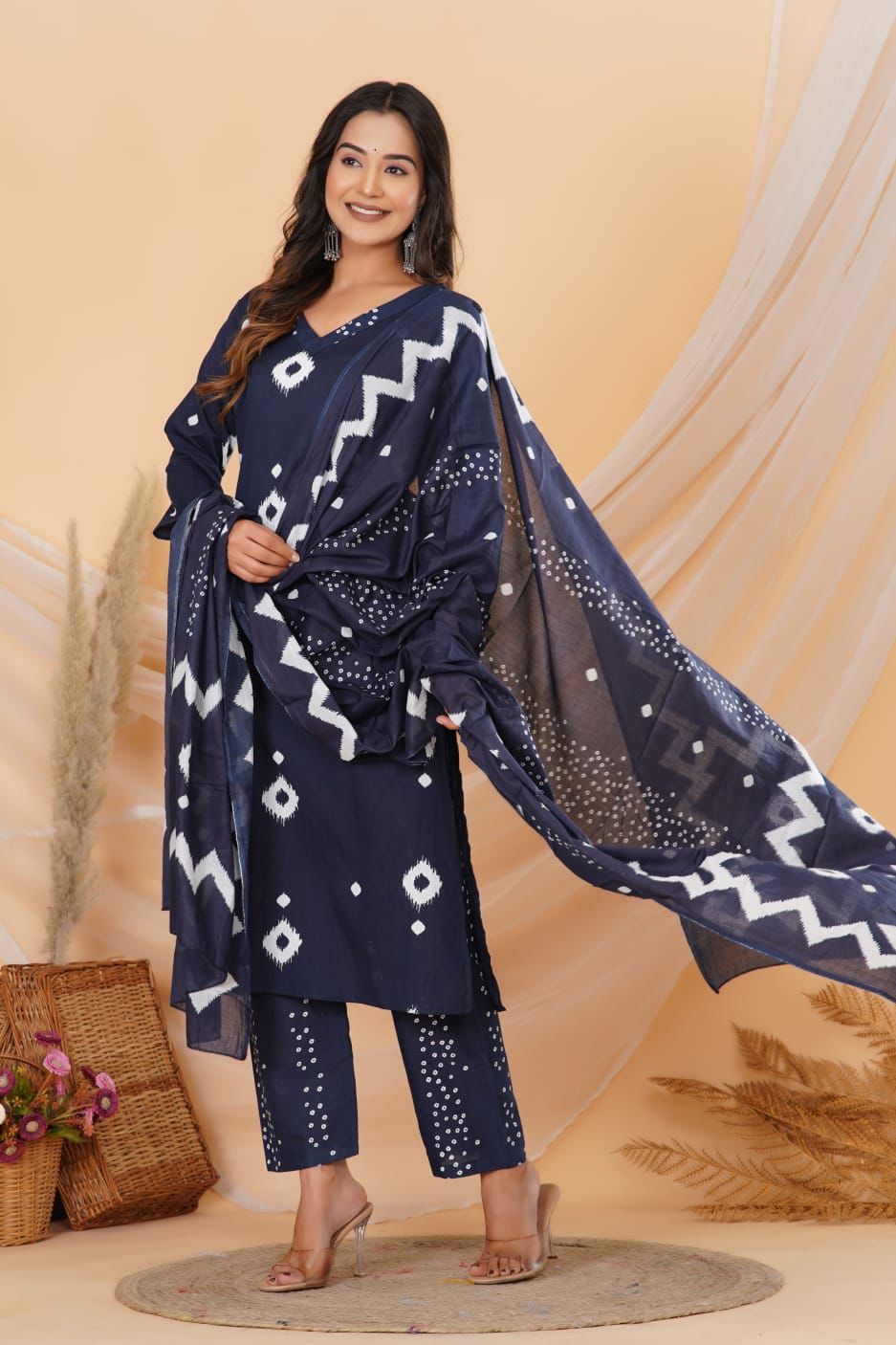 Blue Printed Cotton Suit Set with Pant & Dupatta