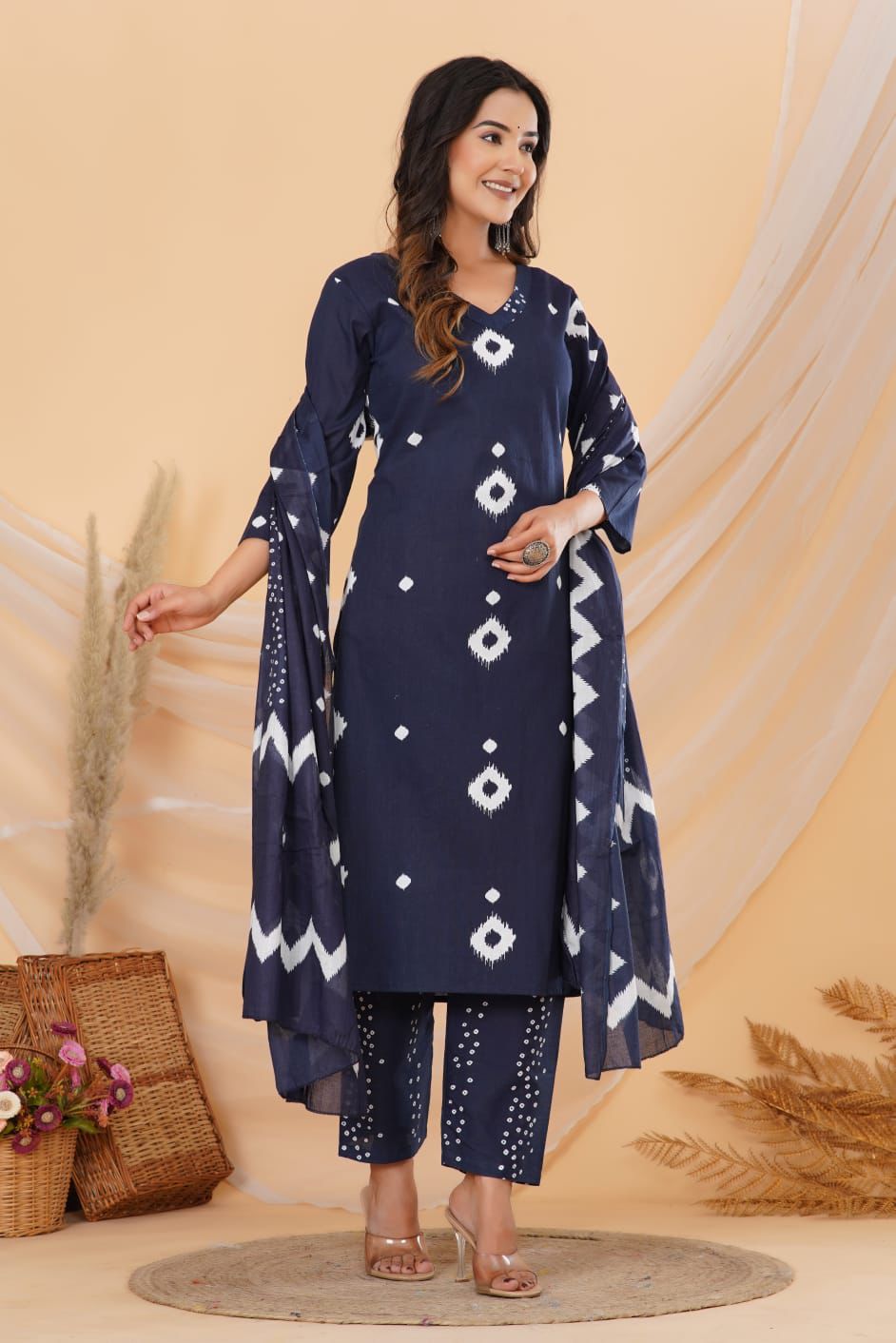 Blue Printed Cotton Suit Set with Pant & Dupatta