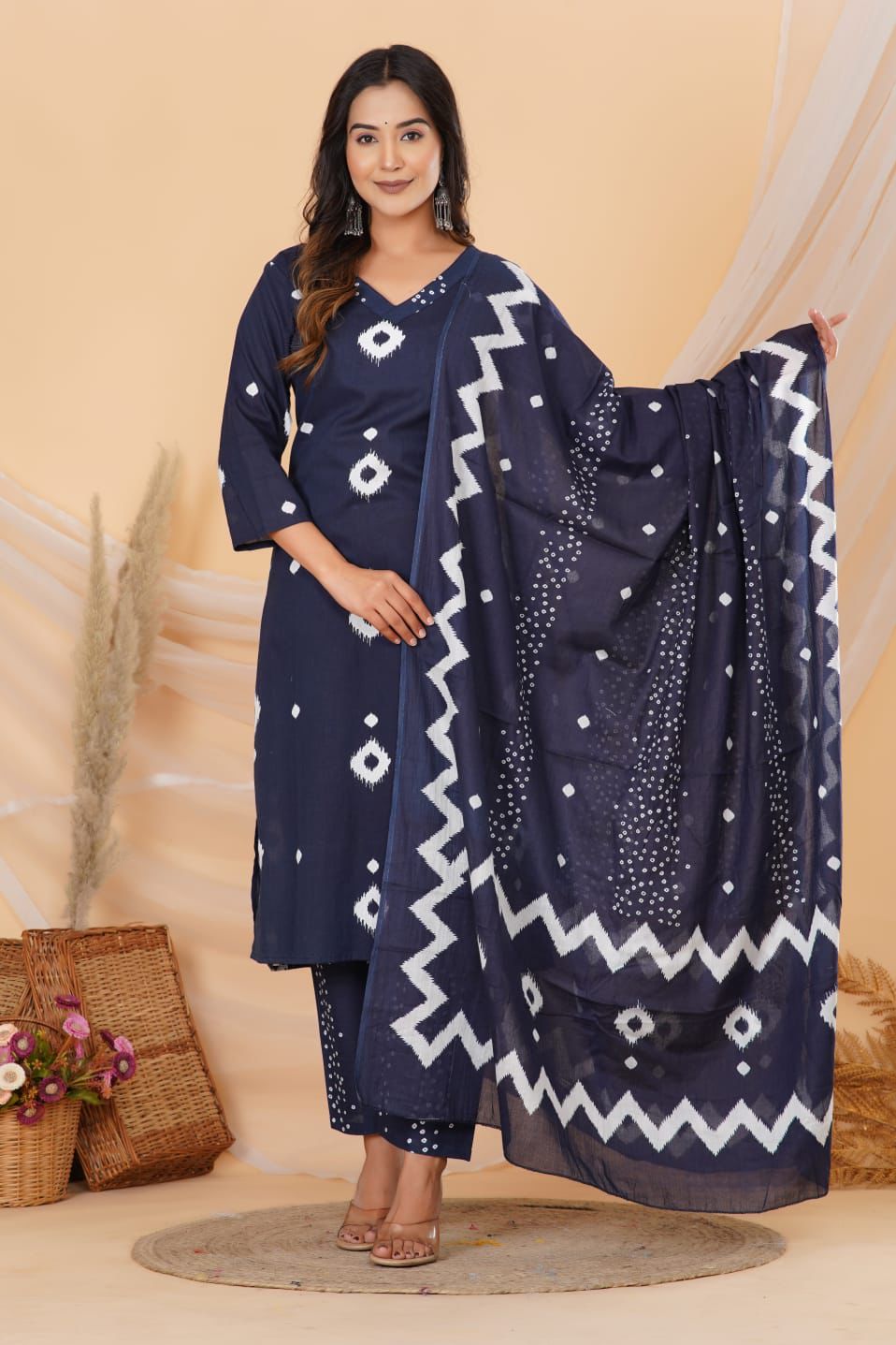Blue Printed Cotton Suit Set with Pant & Dupatta