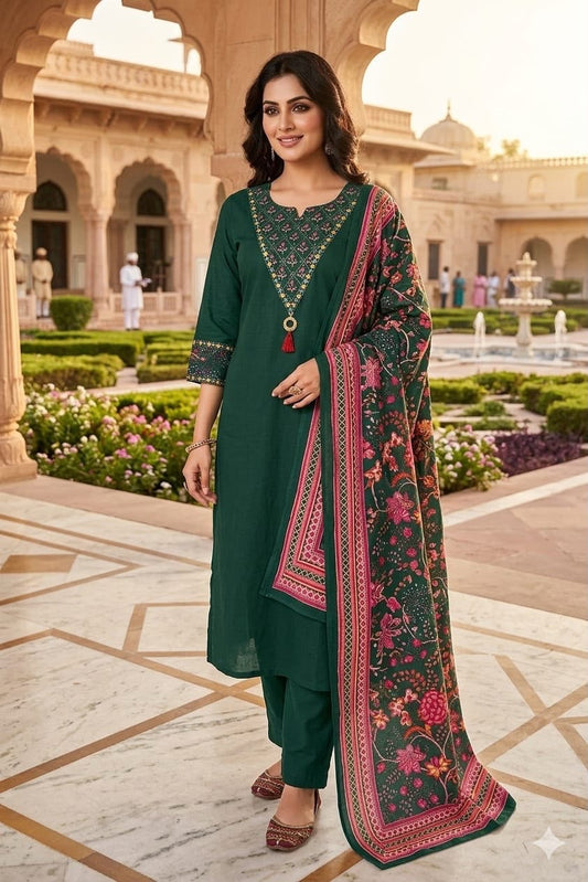 Bottle Green Cotton 60×60 Suit Set with Embroidery, Mirror Work & Malmal Dupatta