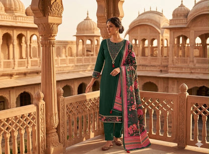 Bottle Green Cotton 60×60 Suit Set with Embroidery, Mirror Work & Malmal Dupatta