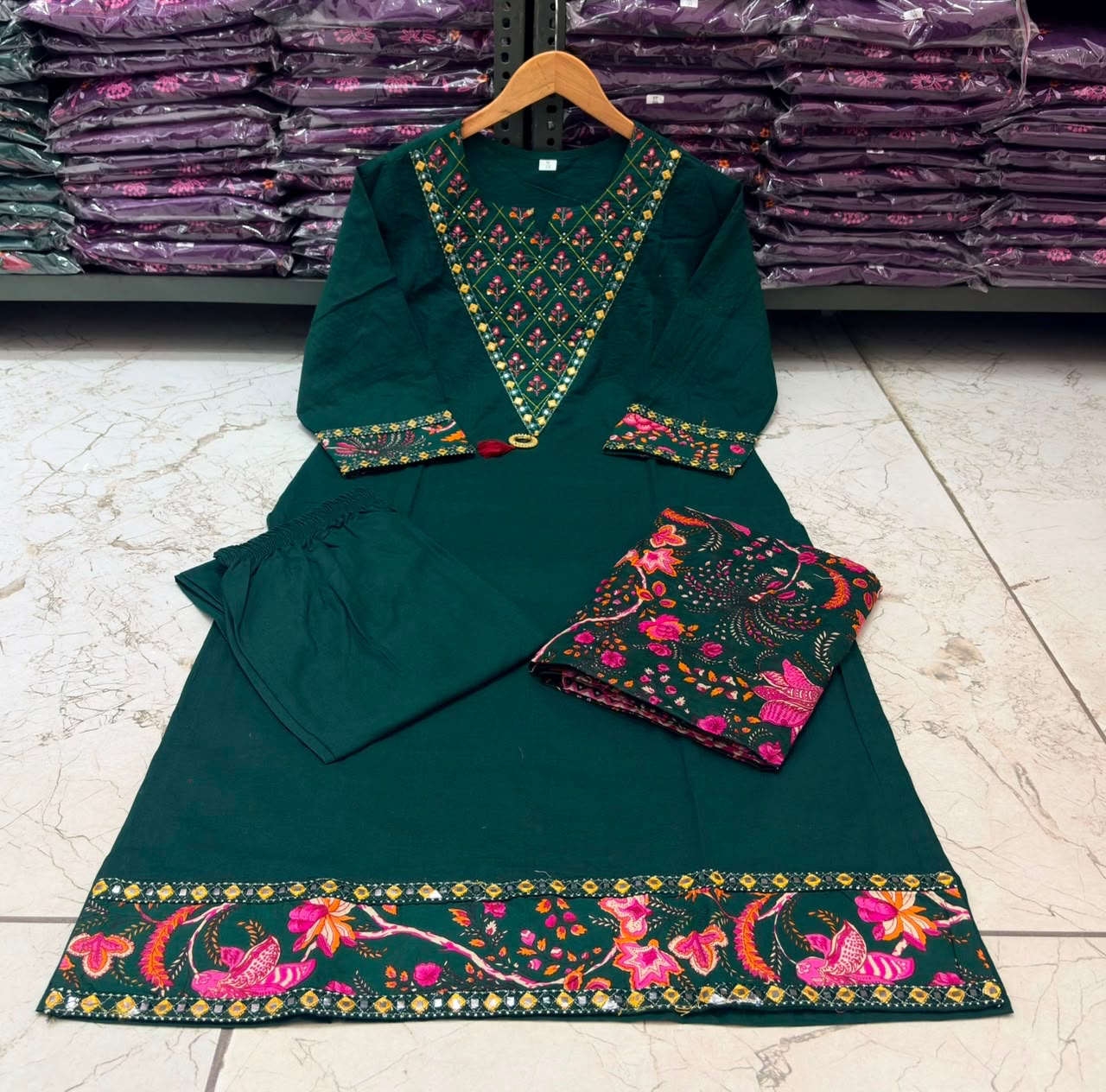 Bottle Green Cotton 60×60 Suit Set with Embroidery, Mirror Work & Malmal Dupatta
