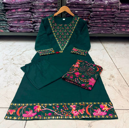 Bottle Green Cotton 60×60 Suit Set with Embroidery, Mirror Work & Malmal Dupatta