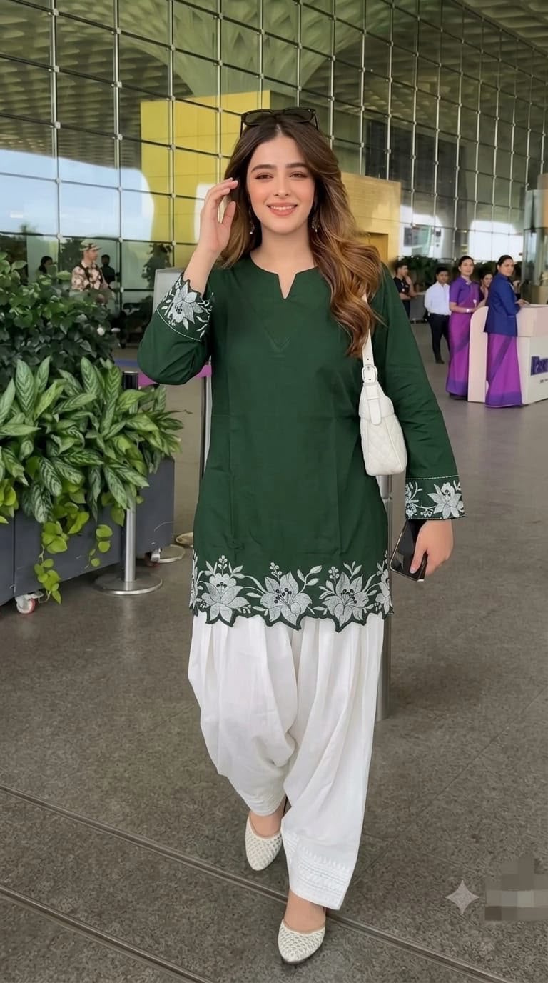 Bottle Green Cotton Farshi Salwar Co-Ord Set with Embroidery