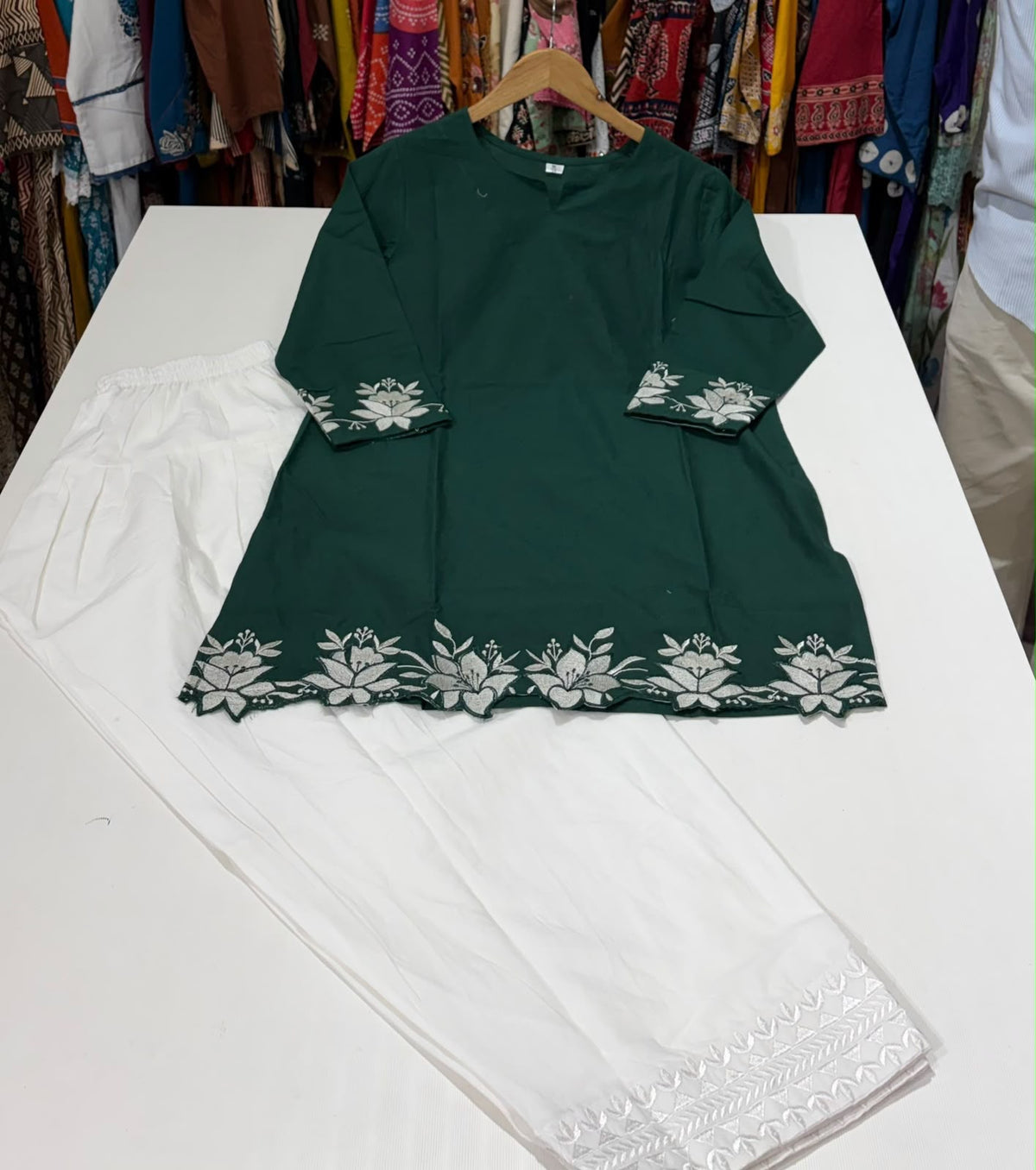 Bottle Green Cotton Farshi Salwar Co-Ord Set with Embroidery