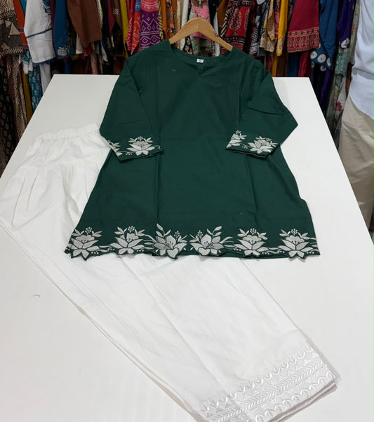 Bottle Green Cotton Farshi Salwar Co-Ord Set with Embroidery