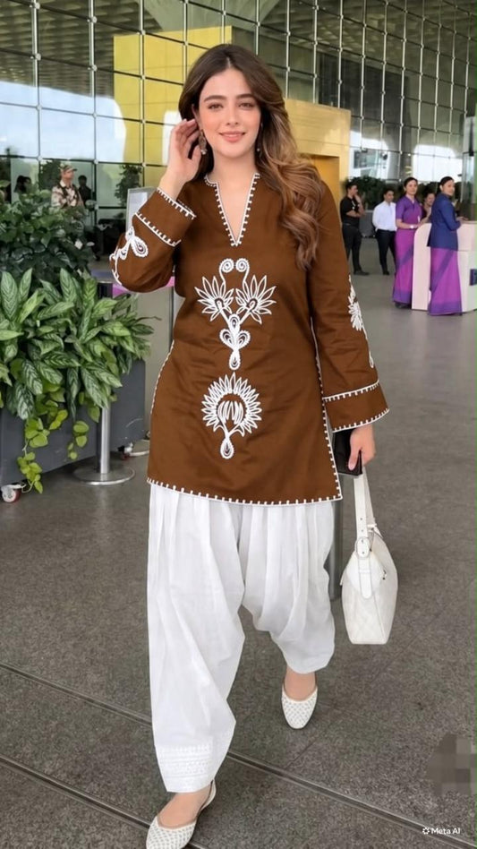 Brown Cotton Farshi Salwar Suit Set with Embroidered Kurta
