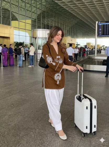 Brown Cotton Farshi Salwar Suit Set with Embroidered Kurta