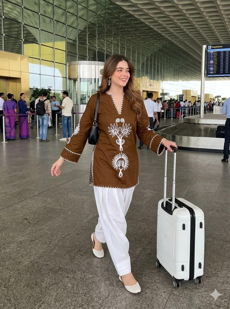 Brown Cotton Farshi Salwar Suit Set with Embroidered Kurta