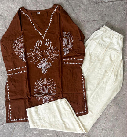 Brown Cotton Farshi Salwar Suit Set with Embroidered Kurta