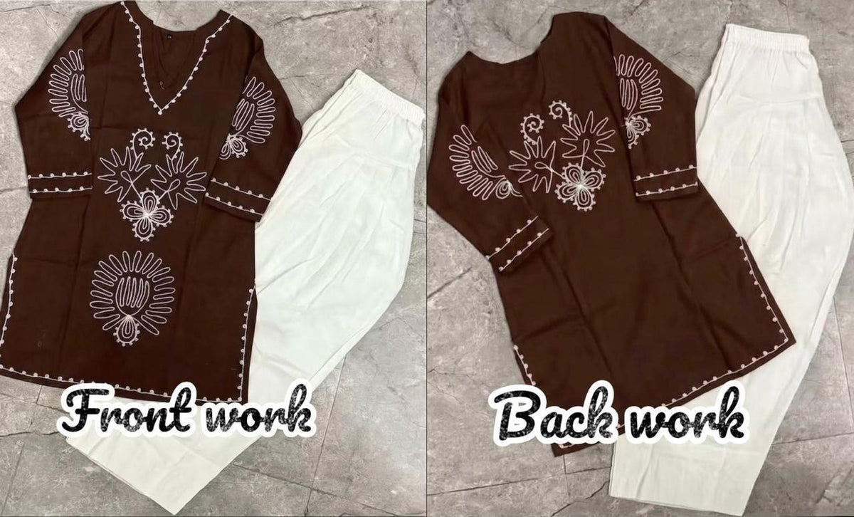 Brown Cotton Farshi Salwar Suit Set with Embroidered Kurta