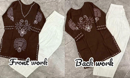 Brown Cotton Farshi Salwar Suit Set with Embroidered Kurta