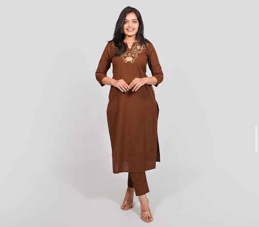 Brown Cotton Kurti Pant Set with Neck & Back Embroidery