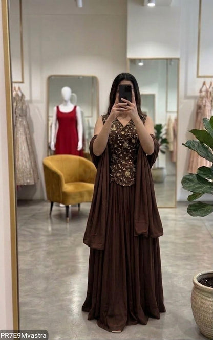 Brown Indo-Western Set with Beadwork Top, Skirt & Dupatta