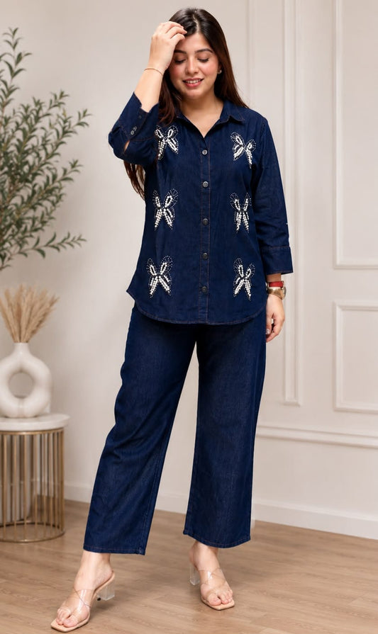Butterfly Pearl Work Denim Co-ord Set