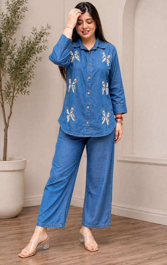 Butterfly Pearl Work Denim Co-ord Set