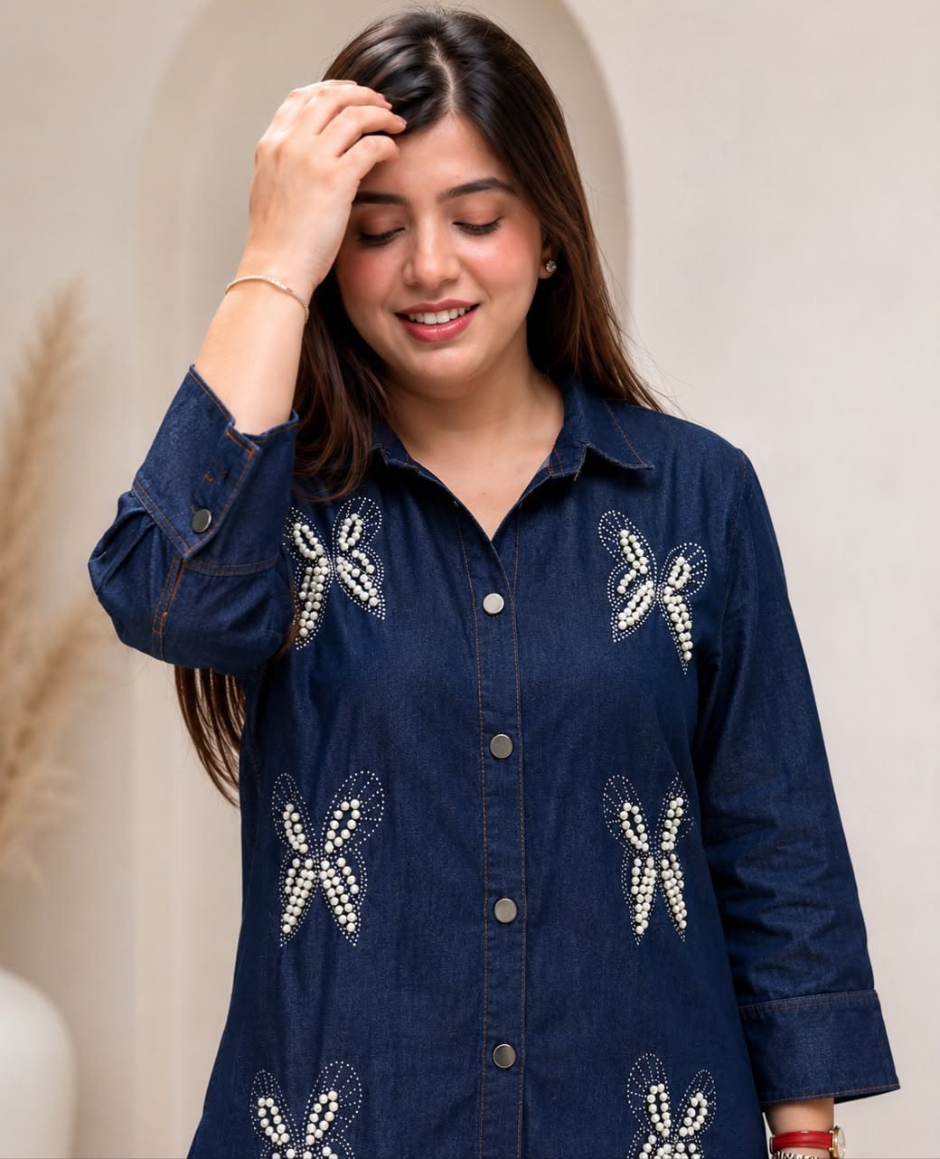 Butterfly Pearl Work Denim Co-ord Set