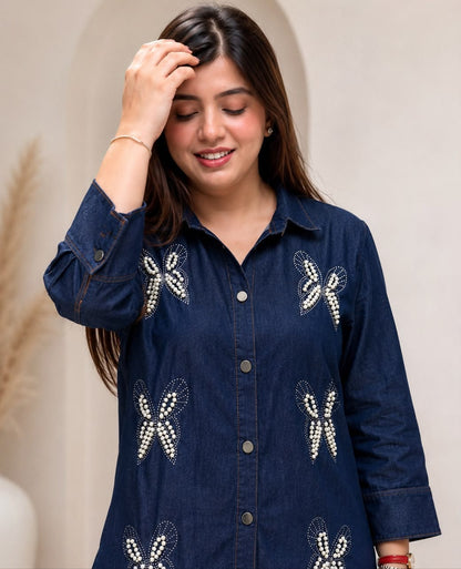 Butterfly Pearl Work Denim Co-ord Set