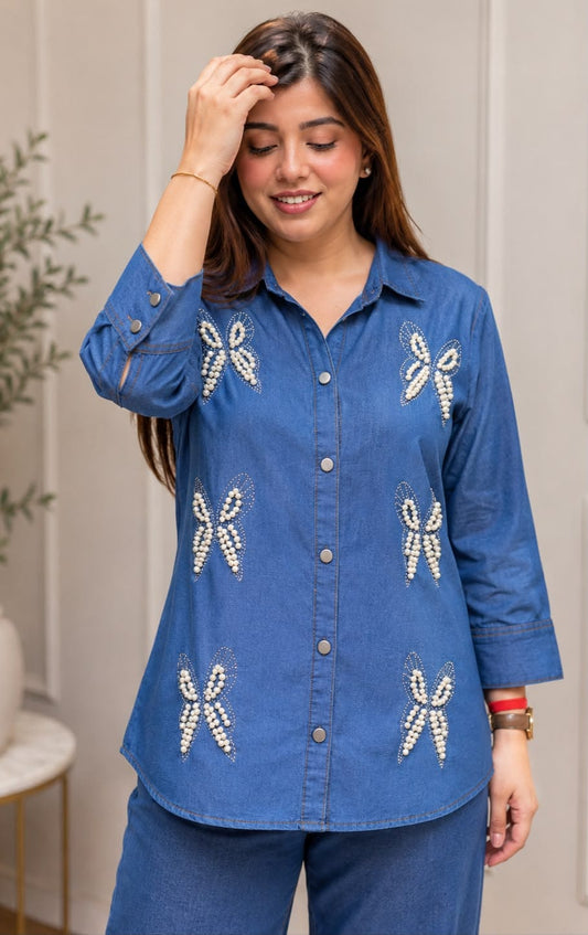 Butterfly Pearl Work Denim Co-ord Set