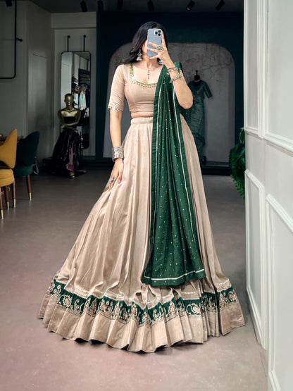 Chanderi Lehenga Choli Set with Ghughri Mirror Work Blouse & Dupatta