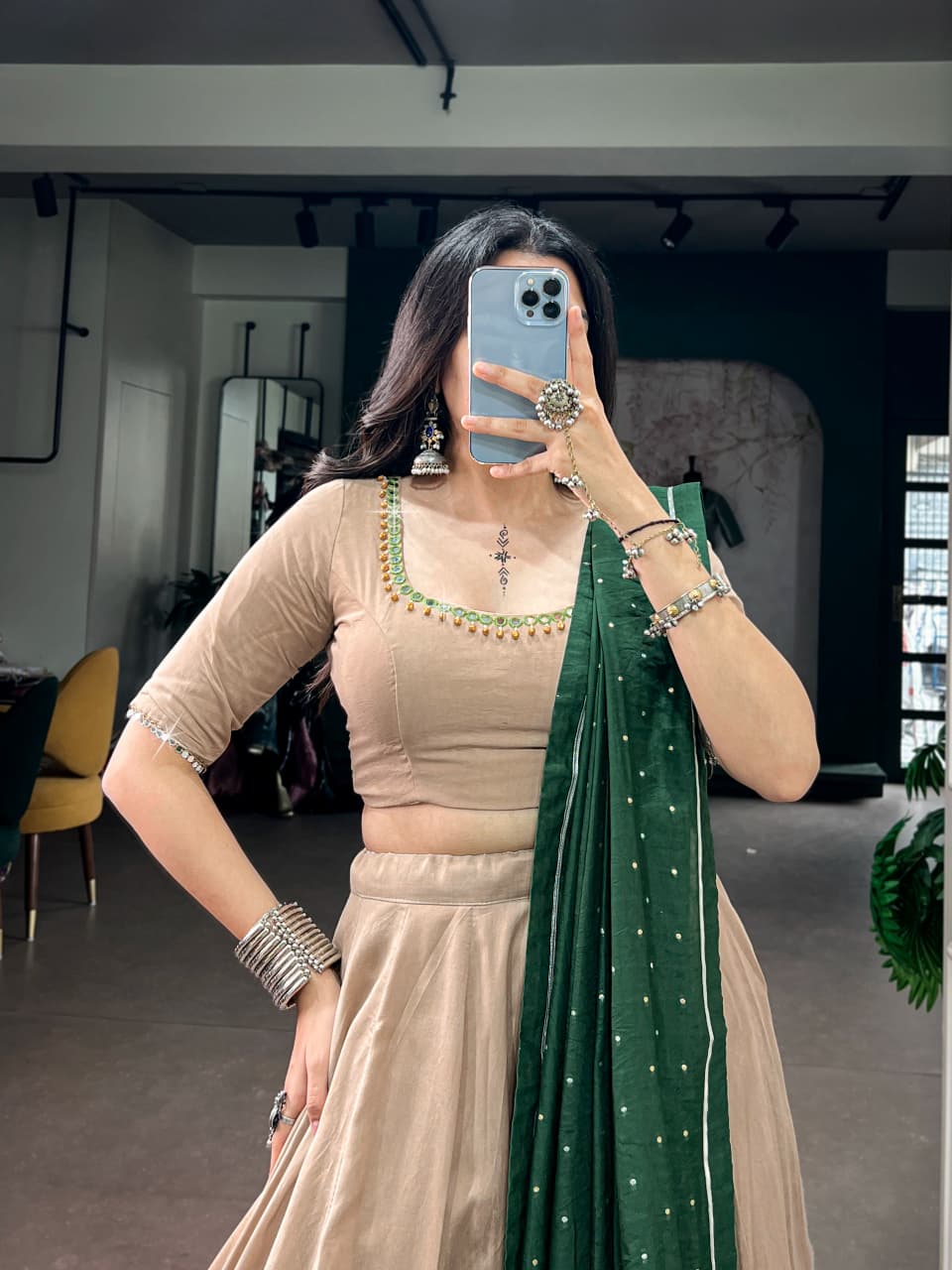 Chanderi Lehenga Choli Set with Ghughri Mirror Work Blouse & Dupatta