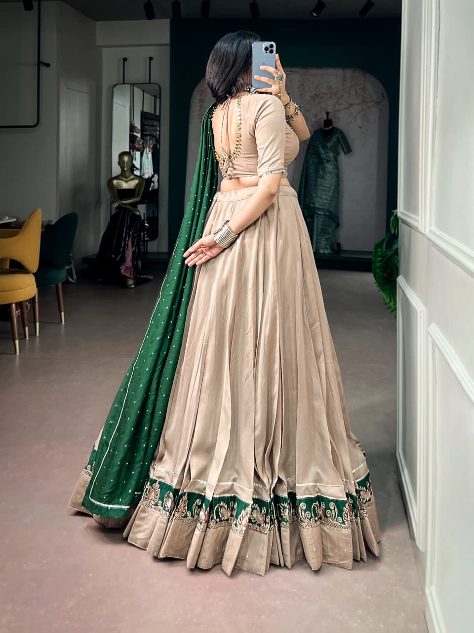 Chanderi Lehenga Choli Set with Ghughri Mirror Work Blouse & Dupatta