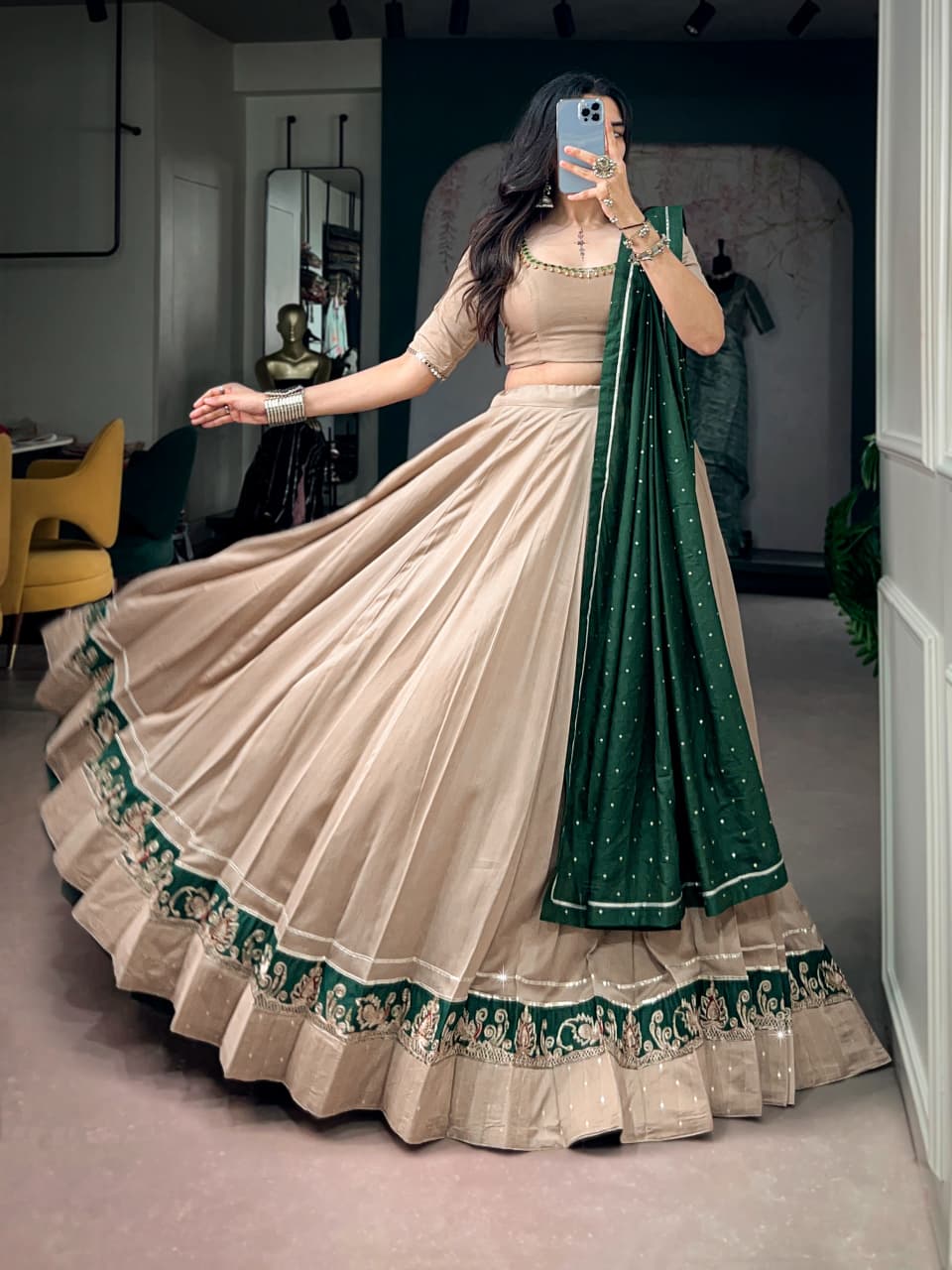 Chanderi Lehenga Choli Set with Ghughri Mirror Work Blouse & Dupatta