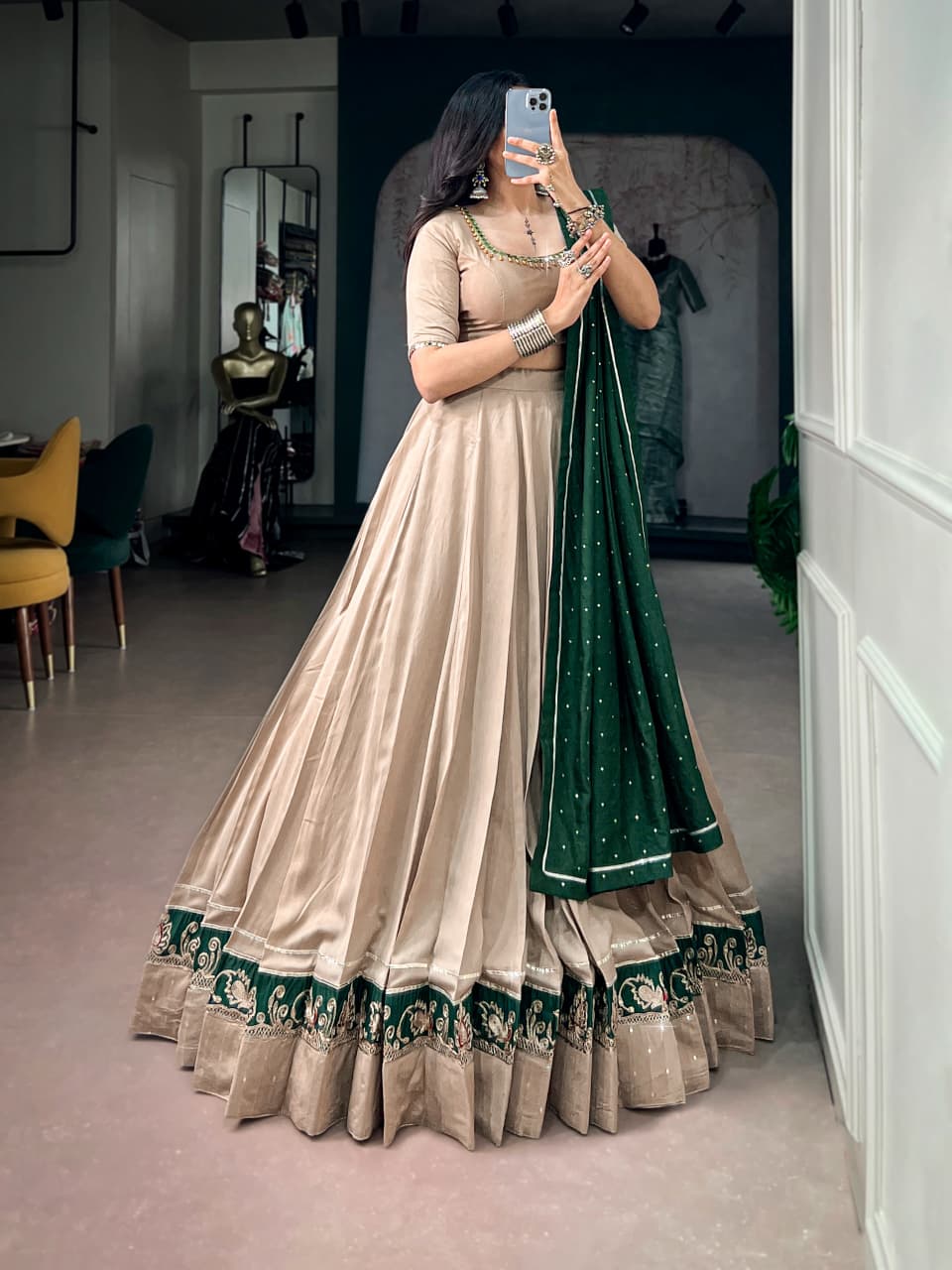 Chanderi Lehenga Choli Set with Ghughri Mirror Work Blouse & Dupatta