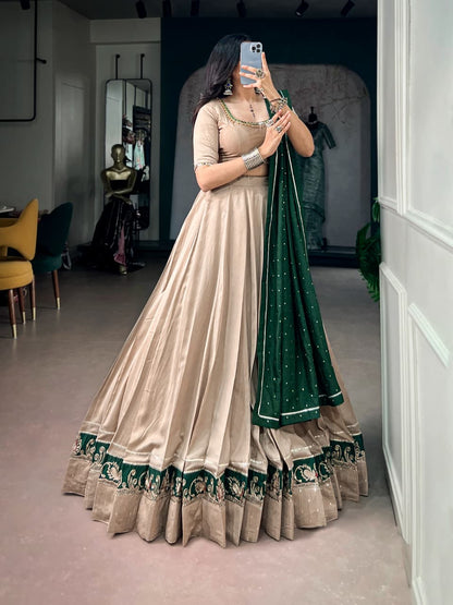 Chanderi Lehenga Choli Set with Ghughri Mirror Work Blouse & Dupatta