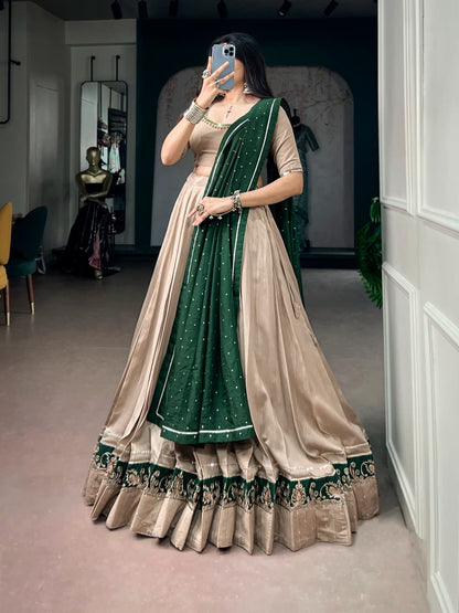 Chanderi Lehenga Choli Set with Ghughri Mirror Work Blouse & Dupatta