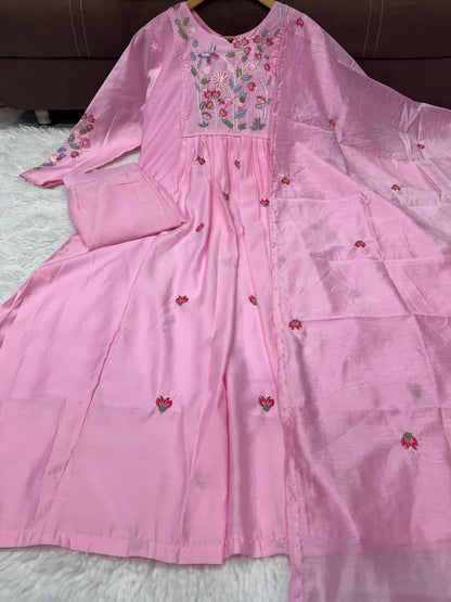 Chanderi Silk Embroidered 3-Piece Suit Set with Chanderi Dupatta