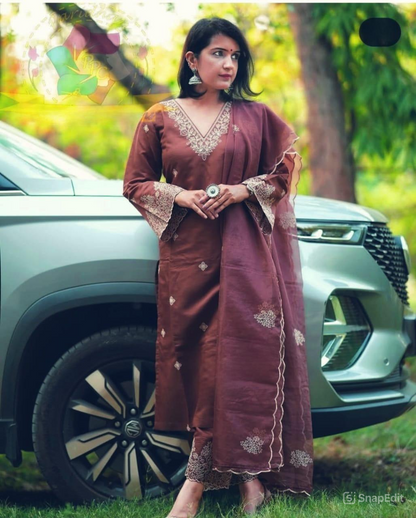 Chanderi Silk Embroidered Set with Cutwork & Organza Dupatta