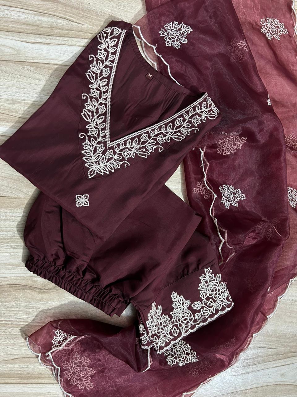 Chanderi Silk Embroidered Set with Cutwork & Organza Dupatta