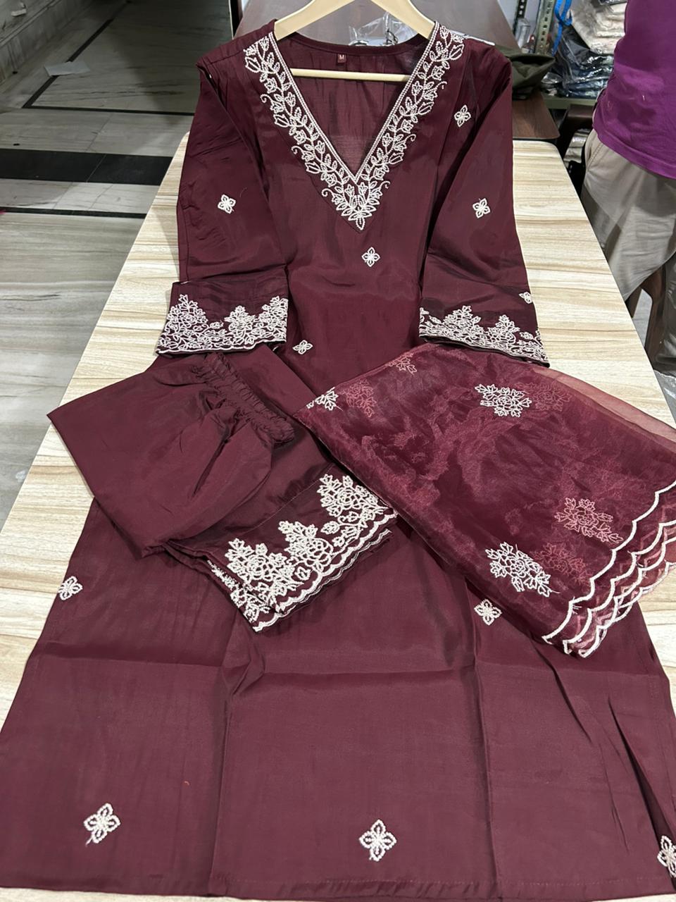 Chanderi Silk Embroidered Set with Cutwork & Organza Dupatta