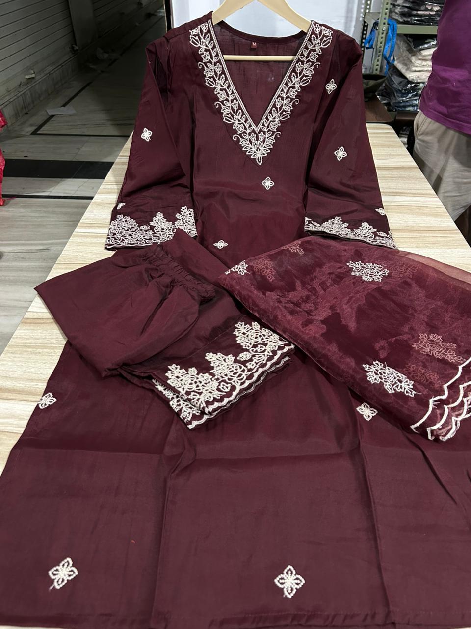 Chanderi Silk Embroidered Set with Cutwork & Organza Dupatta
