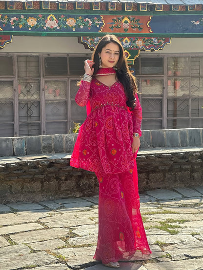 Chiffon Bandhej Bandhani Print Sharara Set with Mirror Work | Kurti, Sharara & Dupatta