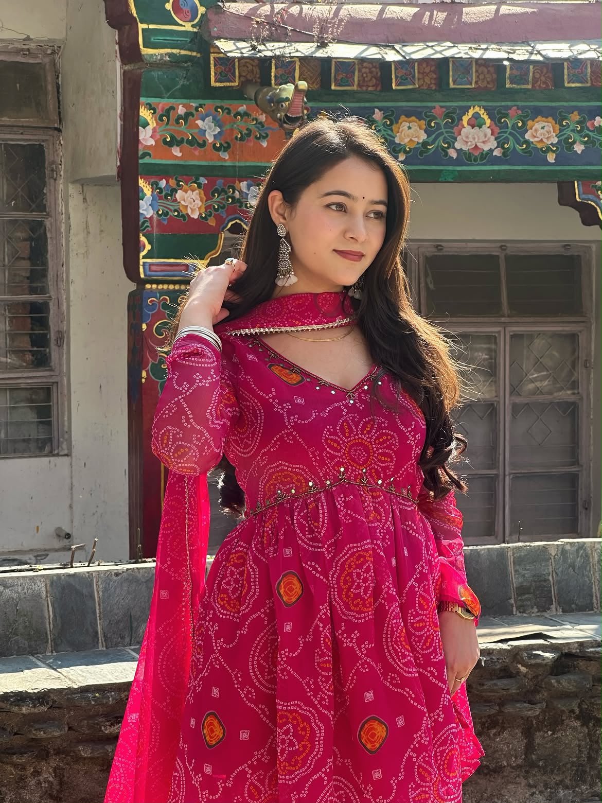 Chiffon Bandhej Bandhani Print Sharara Set with Mirror Work | Kurti, Sharara & Dupatta