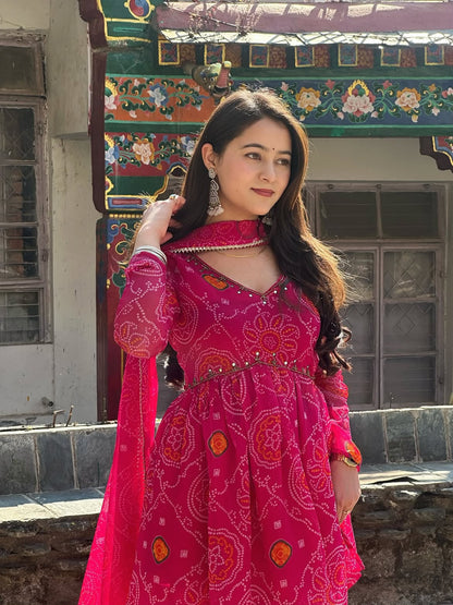 Chiffon Bandhej Bandhani Print Sharara Set with Mirror Work | Kurti, Sharara & Dupatta