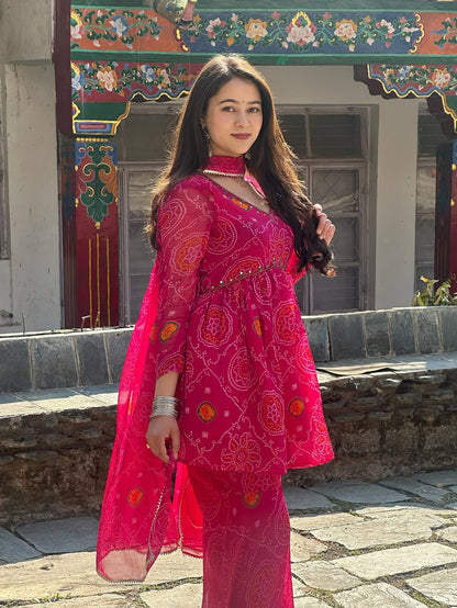Chiffon Bandhej Bandhani Print Sharara Set with Mirror Work | Kurti, Sharara & Dupatta