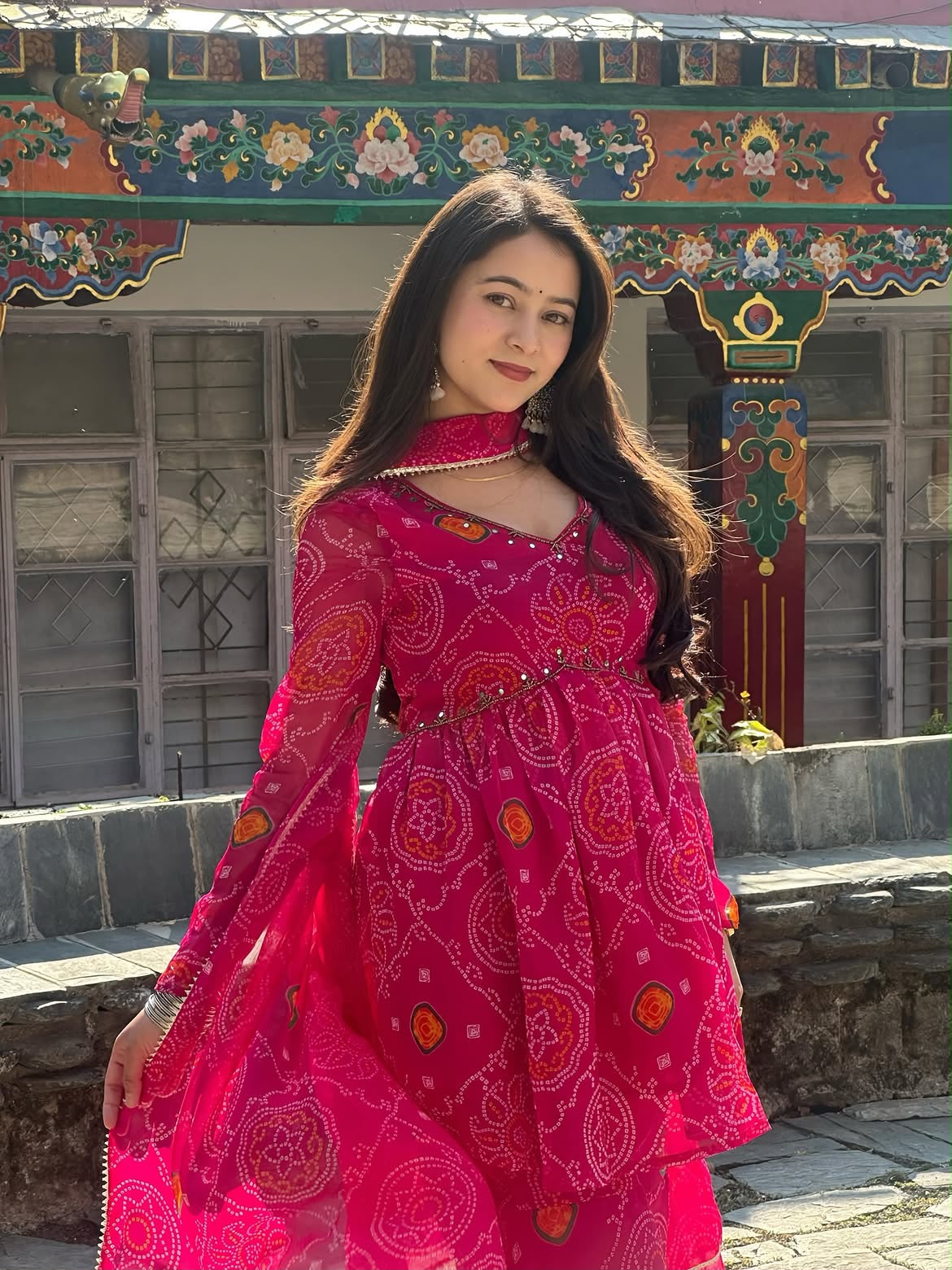 Chiffon Bandhej Bandhani Print Sharara Set with Mirror Work | Kurti, Sharara & Dupatta
