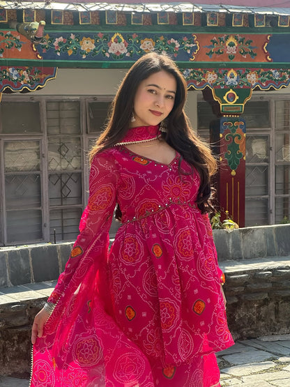 Chiffon Bandhej Bandhani Print Sharara Set with Mirror Work | Kurti, Sharara & Dupatta