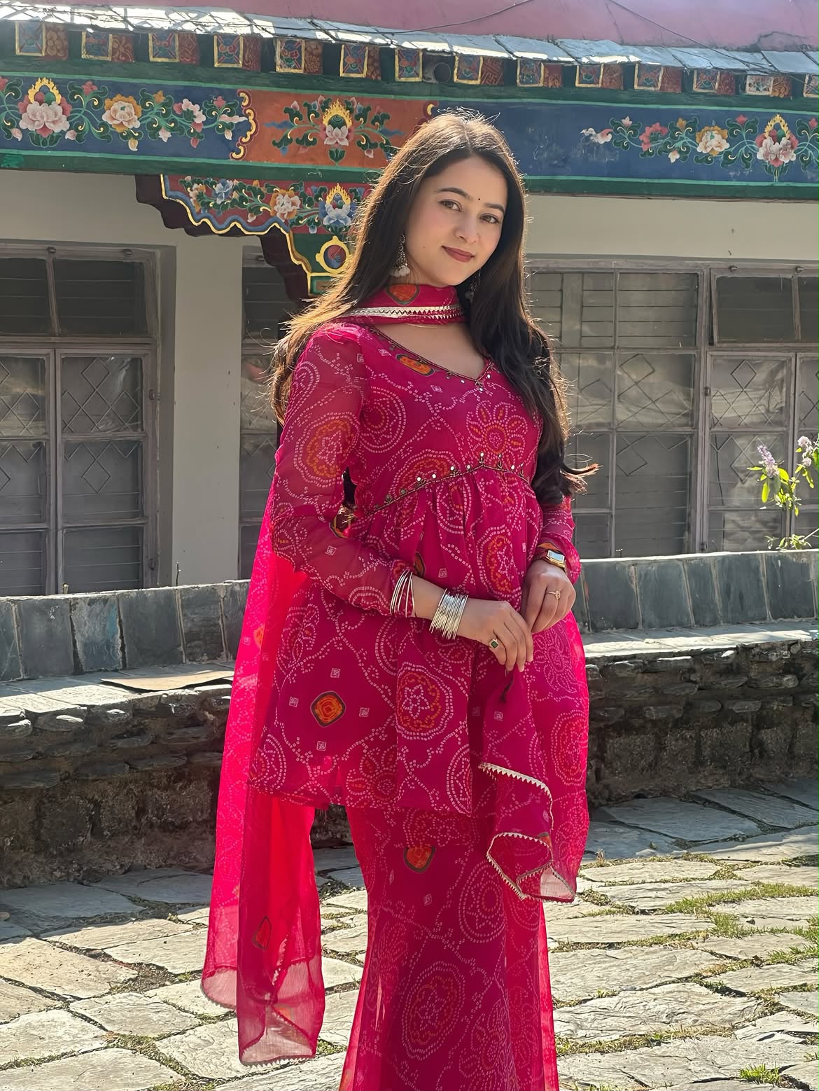 Chiffon Bandhej Bandhani Print Sharara Set with Mirror Work | Kurti, Sharara & Dupatta